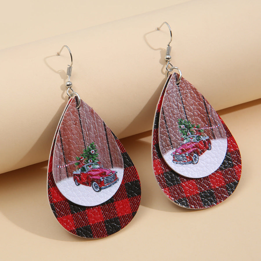 PU Leather Plaid Teardrop Earrings Scarlet / One Size Apparel and Accessories