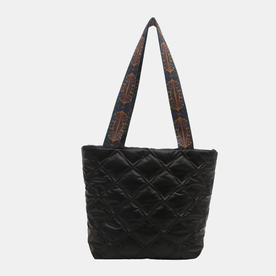 PU Leather Printed Strap Quilted Handbag Black / One Size Apparel and Accessories