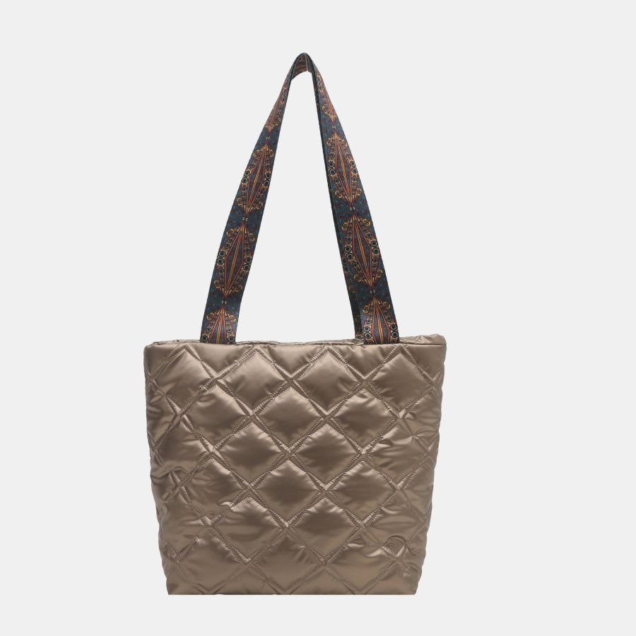 PU Leather Printed Strap Quilted Handbag Gold / One Size Apparel and Accessories