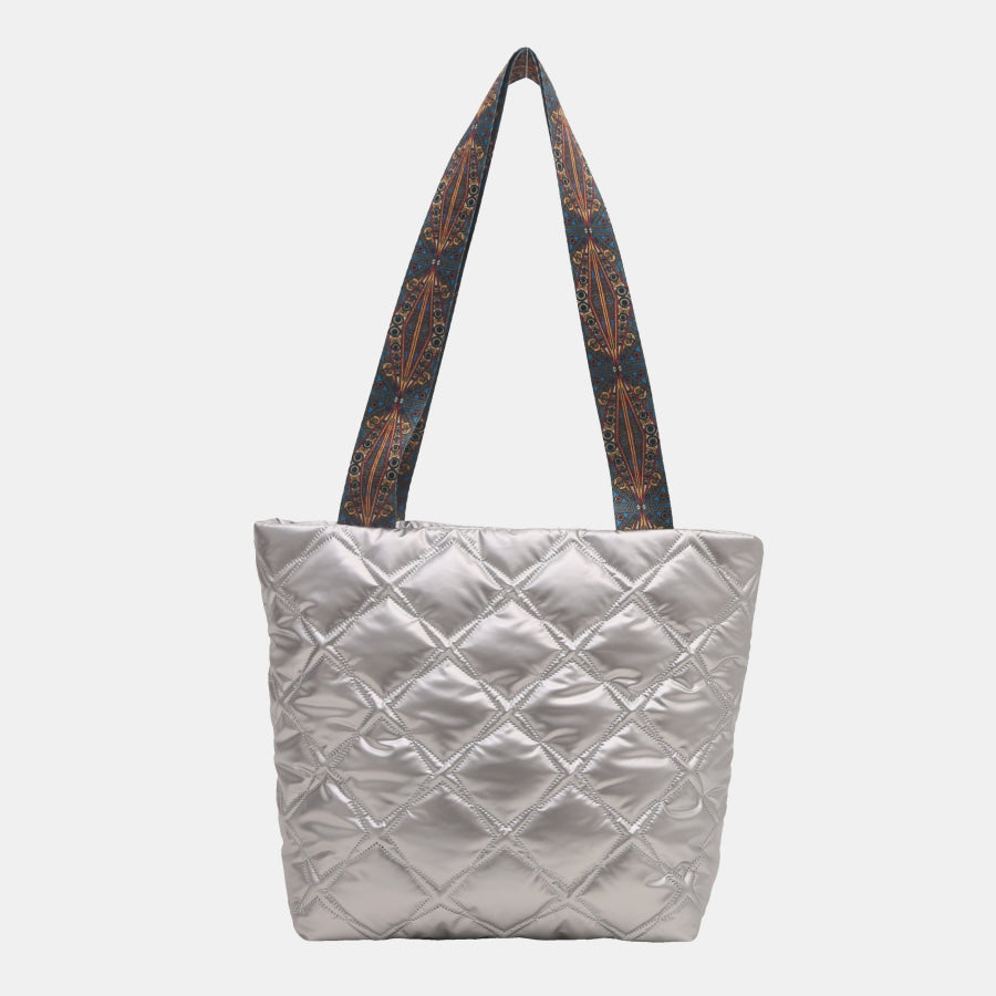 PU Leather Printed Strap Quilted Handbag Silver / One Size Apparel and Accessories