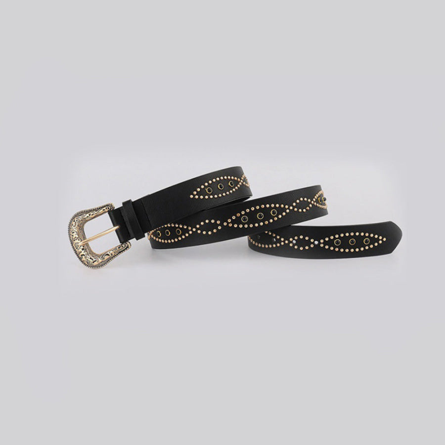 PU Leather Rhinestone Belt Black/Gold / S Apparel and Accessories