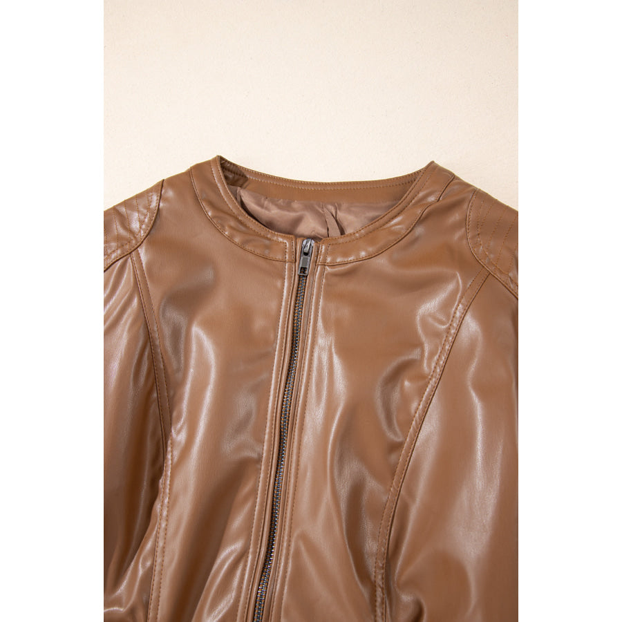 PU Leather Round Neck Long Sleeve Jacket Apparel and Accessories