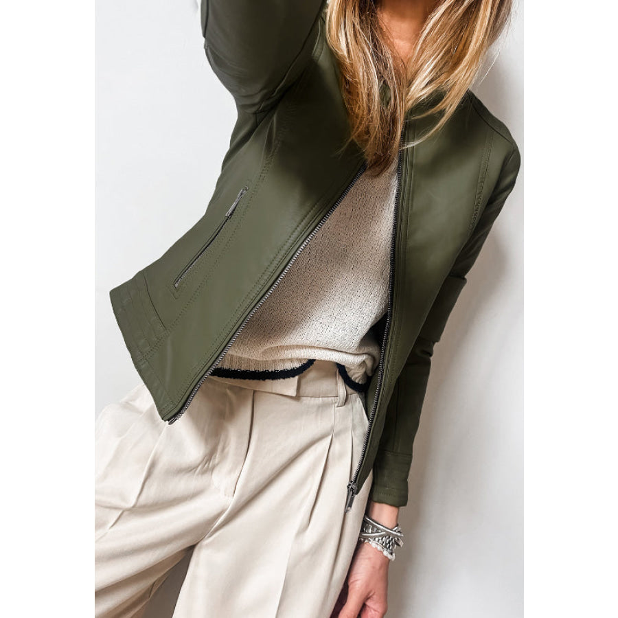 PU Leather Round Neck Long Sleeve Jacket Green / S Apparel and Accessories