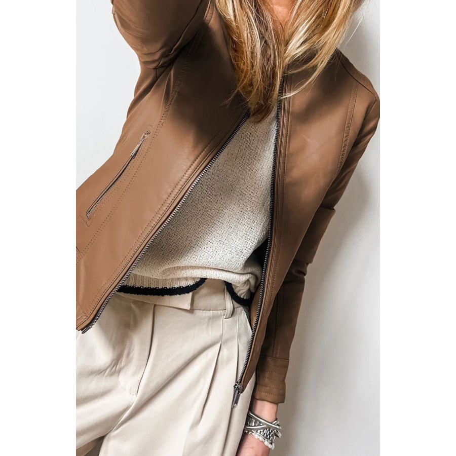 PU Leather Round Neck Long Sleeve Jacket Apparel and Accessories