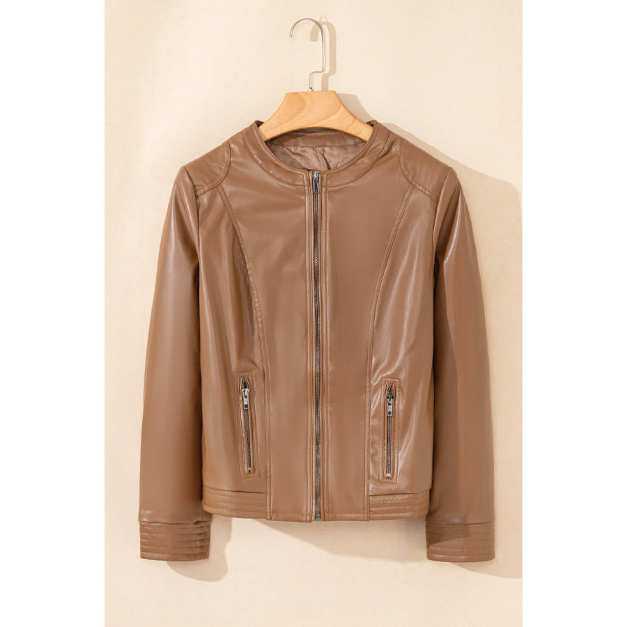 PU Leather Round Neck Long Sleeve Jacket Apparel and Accessories