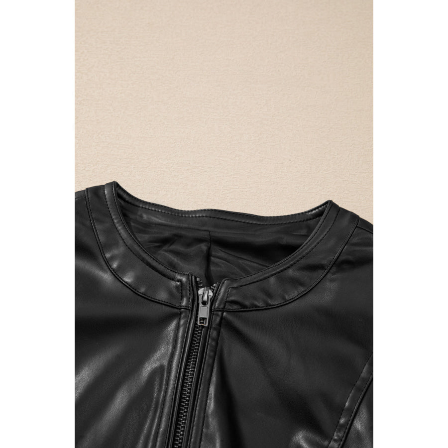 PU Leather Round Neck Long Sleeve Jacket Apparel and Accessories