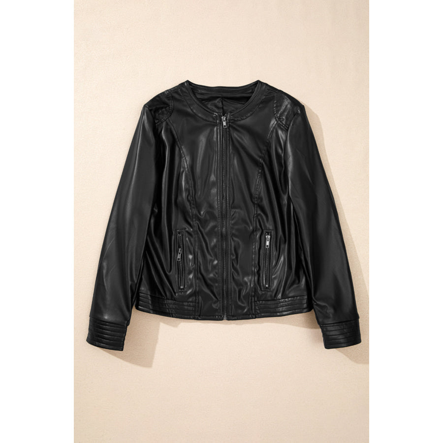 PU Leather Round Neck Long Sleeve Jacket Apparel and Accessories