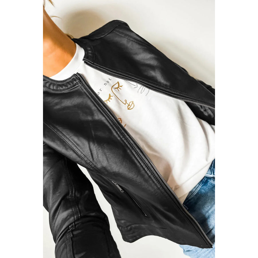 PU Leather Round Neck Long Sleeve Jacket Apparel and Accessories