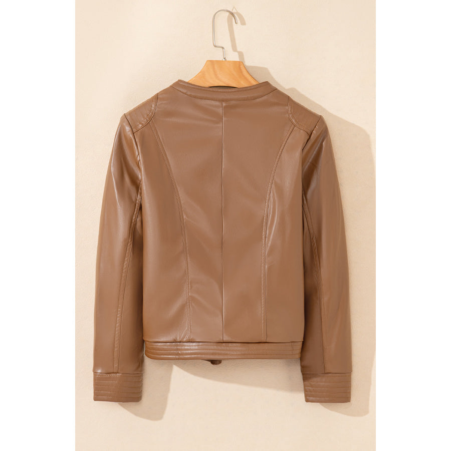 PU Leather Round Neck Long Sleeve Jacket Apparel and Accessories