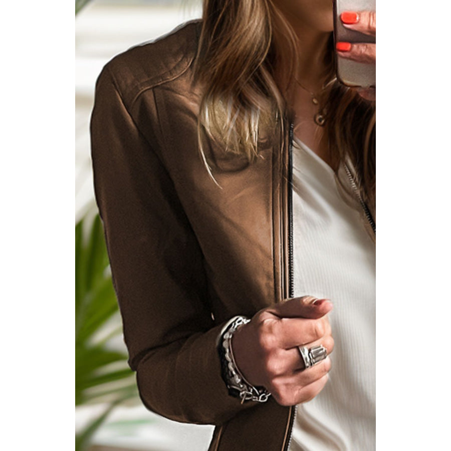 PU Leather Round Neck Long Sleeve Jacket Apparel and Accessories