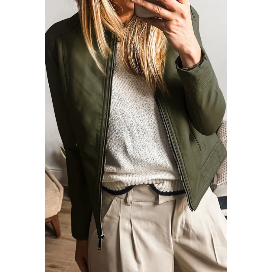 PU Leather Round Neck Long Sleeve Jacket Army Green / S Apparel and Accessories