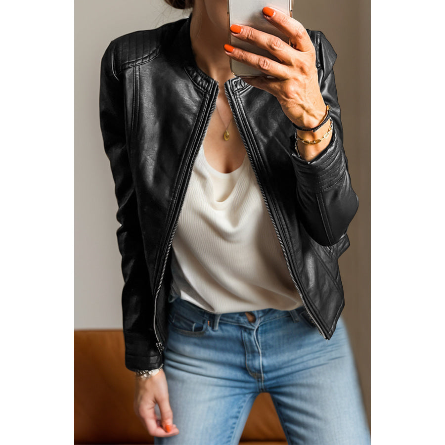 PU Leather Round Neck Long Sleeve Jacket Black / S Apparel and Accessories