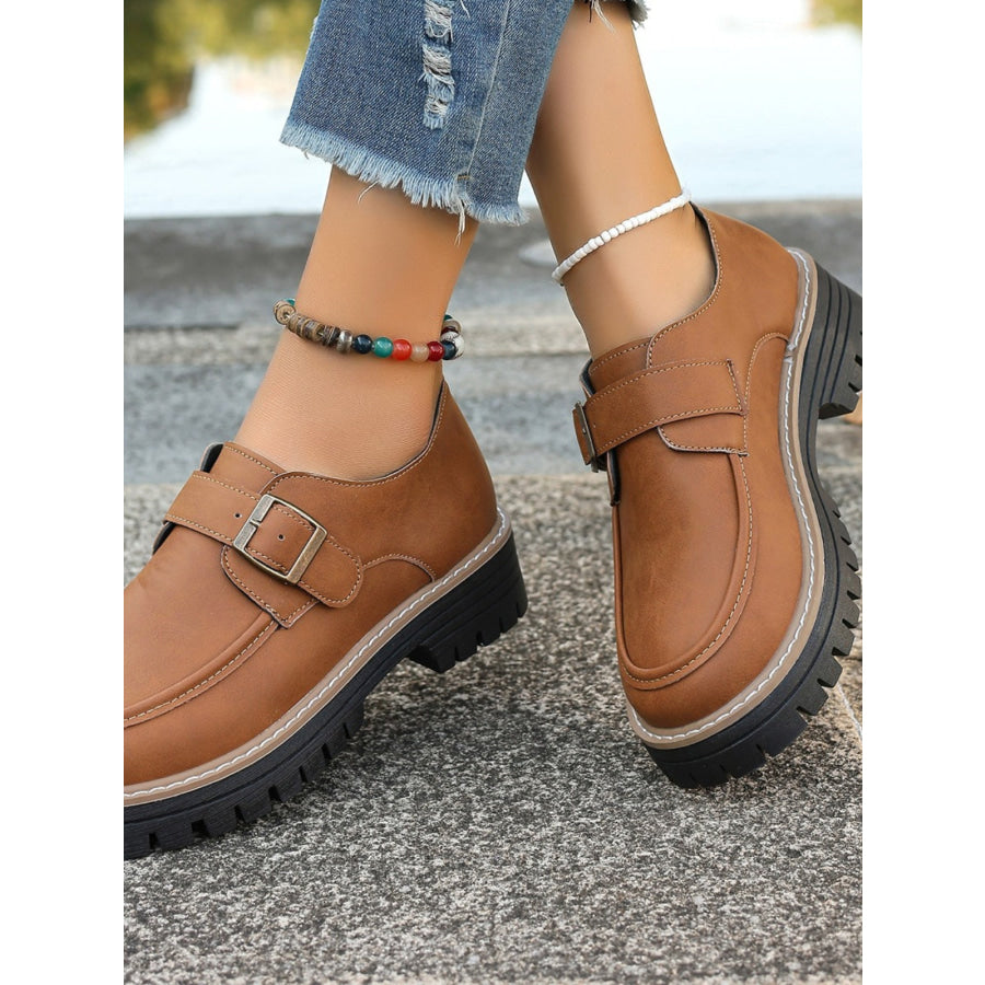 PU Leather Round Toe Buckle Loafers Apparel and Accessories