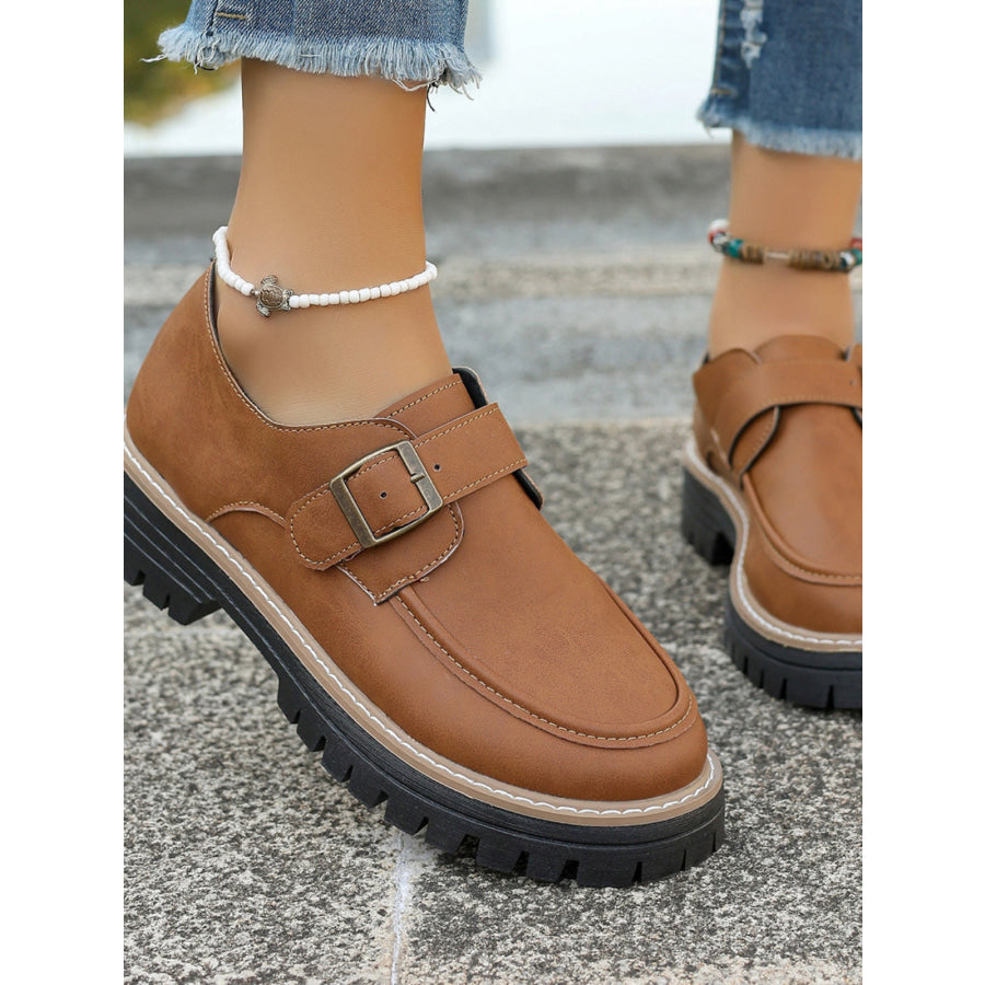 PU Leather Round Toe Buckle Loafers Apparel and Accessories