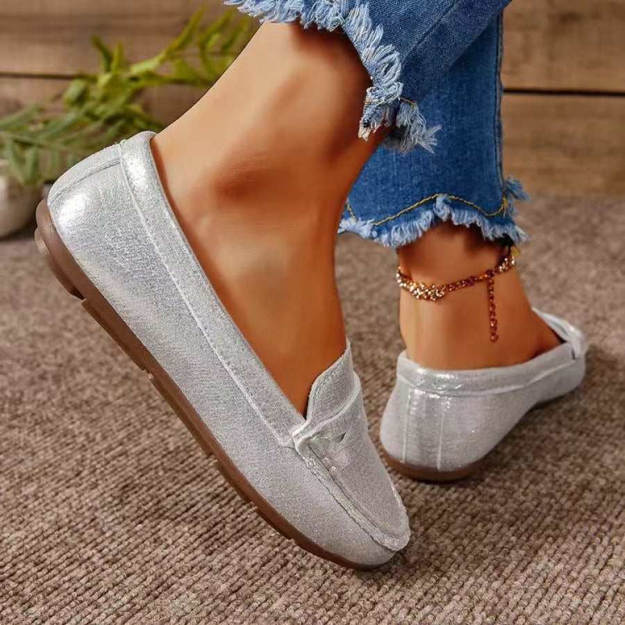 PU Leather Round Toe Flat Slip-Ons Silver / 36(US5) Apparel and Accessories