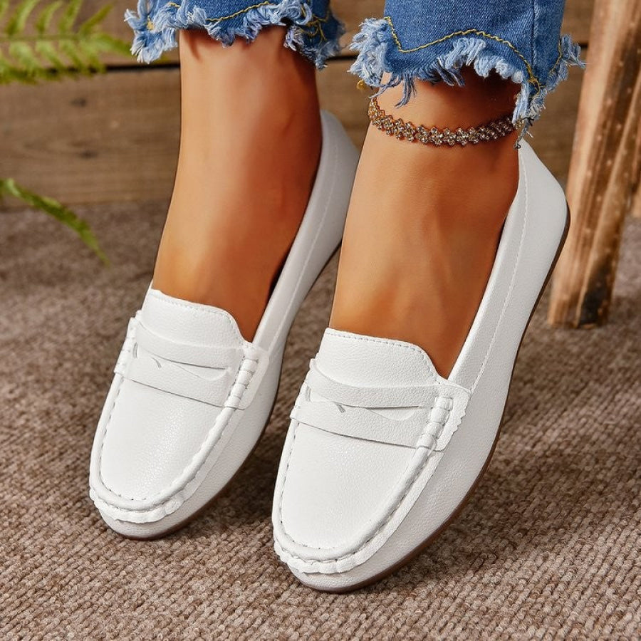 PU Leather Round Toe Flat Slip-Ons White / 36(US5) Apparel and Accessories