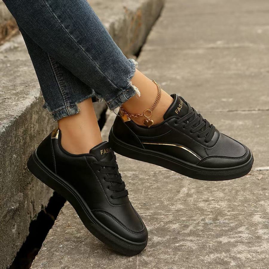 PU Leather Round Toe Flat Sneakers Apparel and Accessories