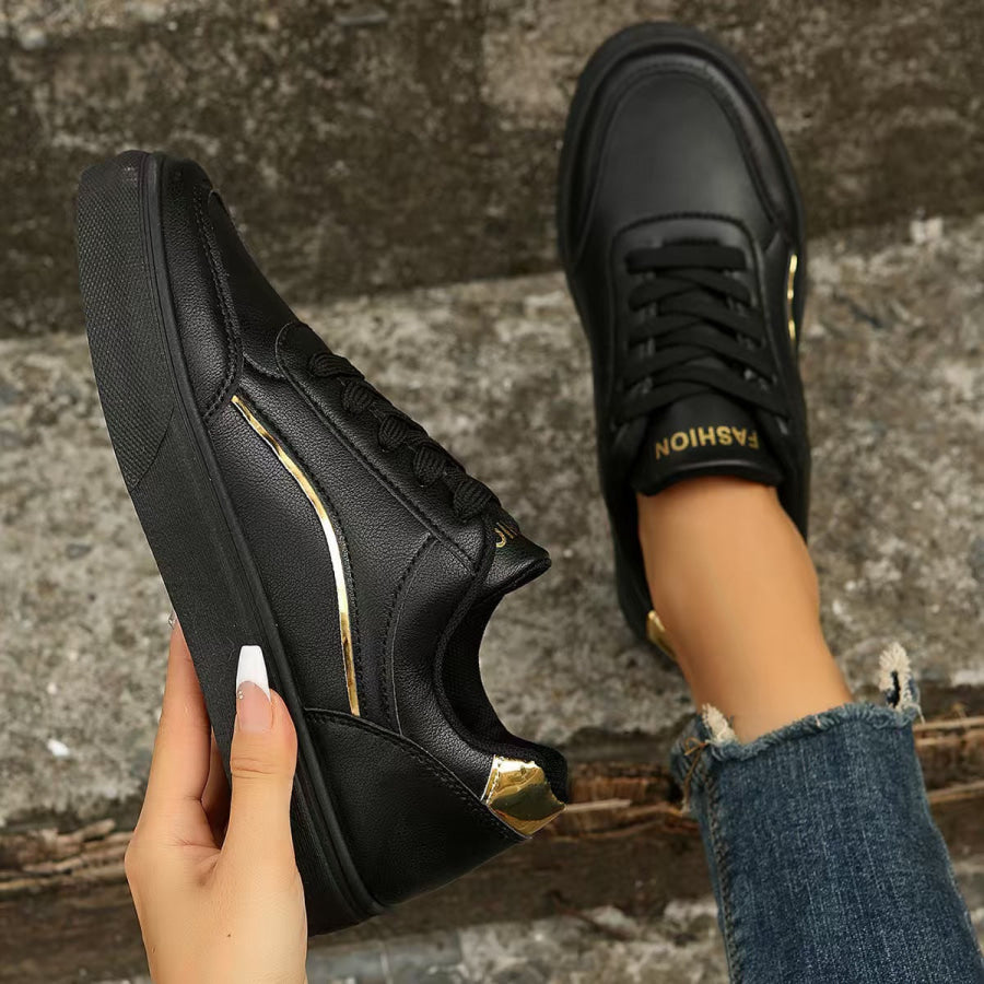 PU Leather Round Toe Flat Sneakers Apparel and Accessories