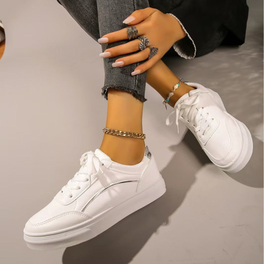 PU Leather Round Toe Flat Sneakers Apparel and Accessories