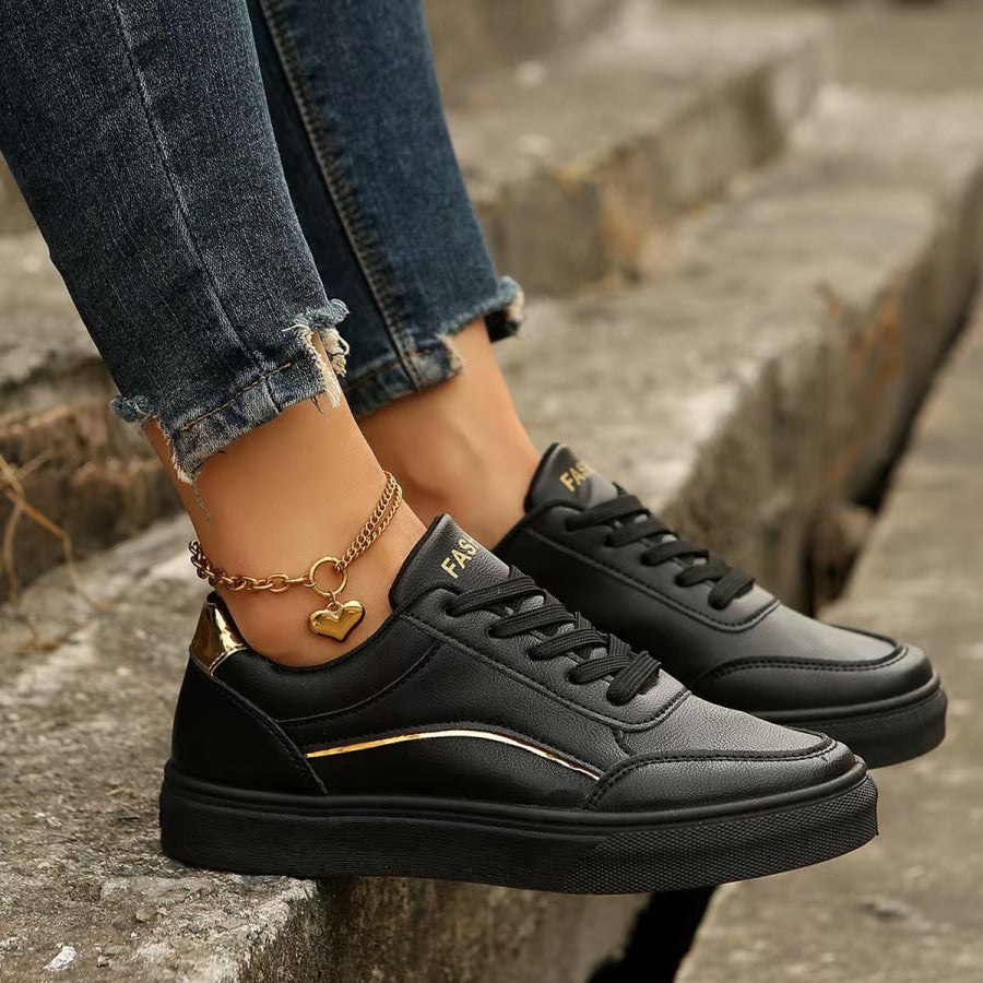 PU Leather Round Toe Flat Sneakers Apparel and Accessories