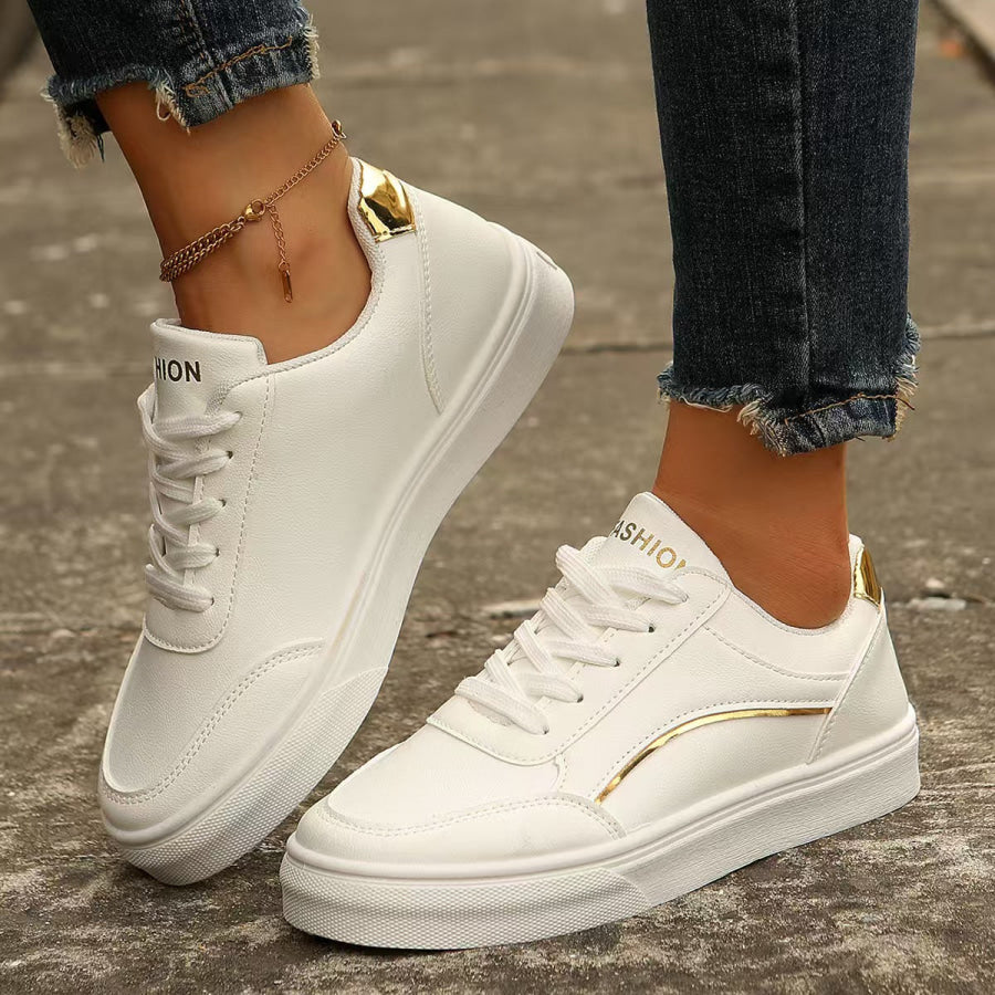 PU Leather Round Toe Flat Sneakers Apparel and Accessories