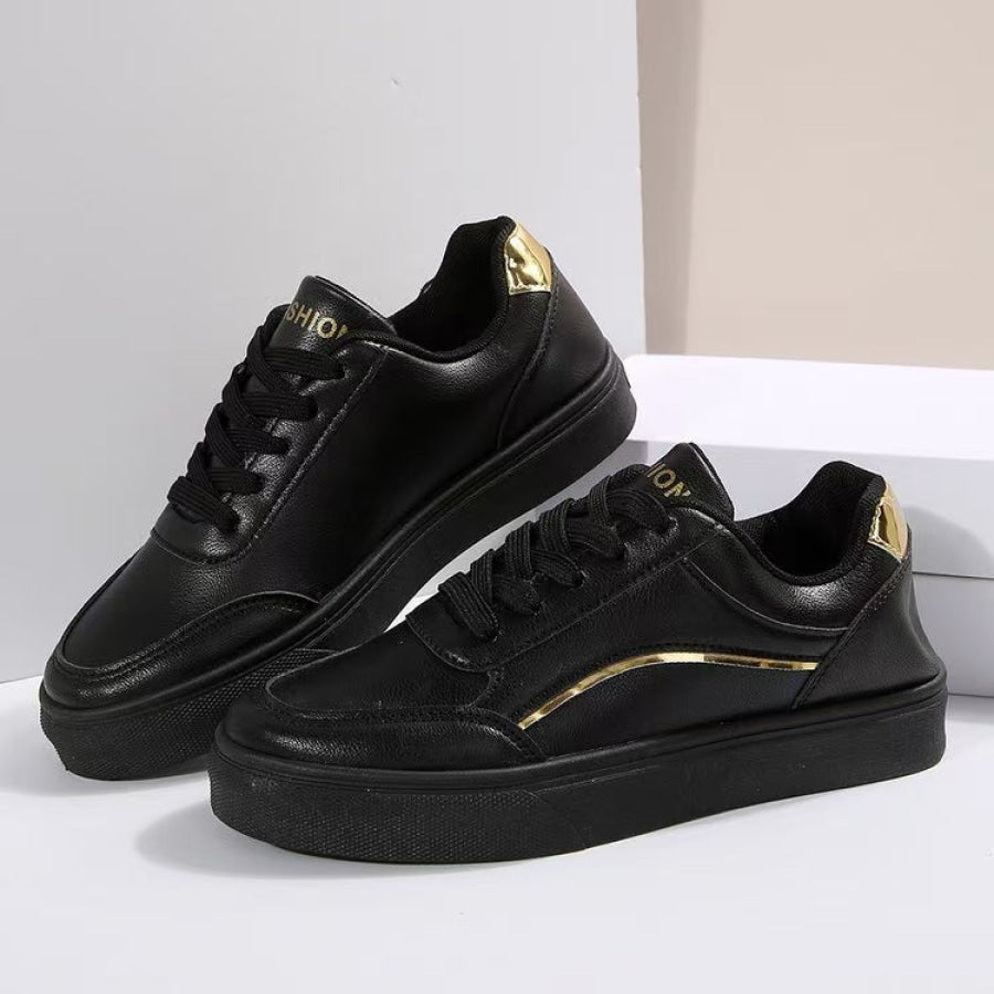 PU Leather Round Toe Flat Sneakers Black / 36(US5) Apparel and Accessories