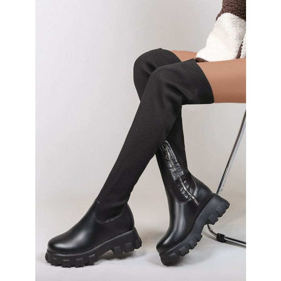 PU Leather Round Toe Platform Boots Black / 36(US5) Apparel and Accessories