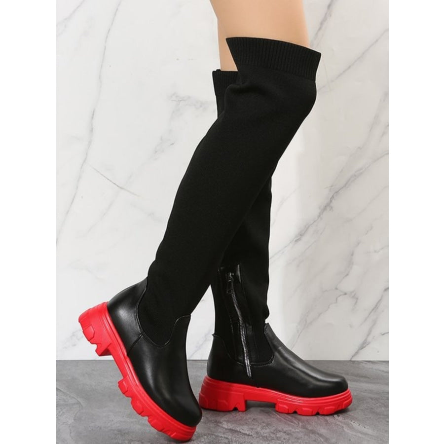 PU Leather Round Toe Platform Boots Black/Red / 36(US5) Apparel and Accessories