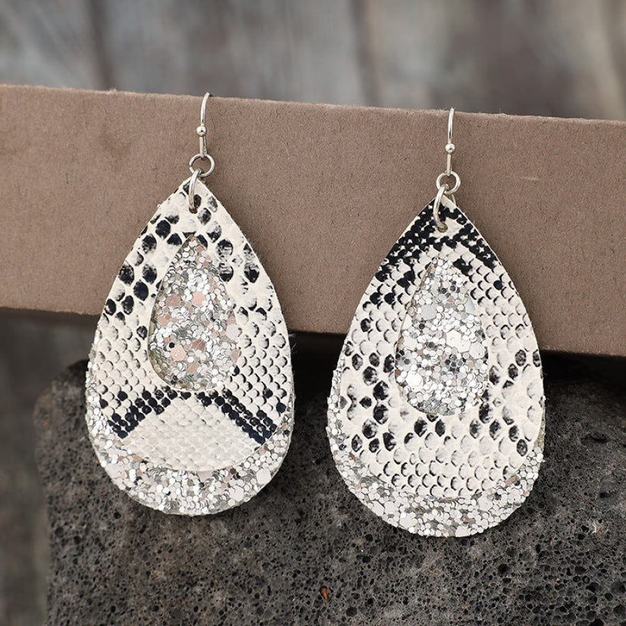 PU Leather Sequin Teardrop Earrings Silver / One Size Apparel and Accessories