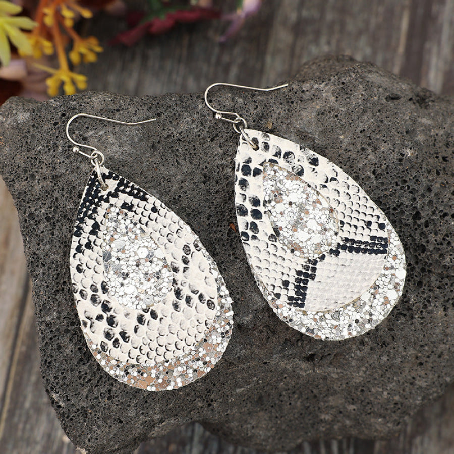 PU Leather Sequin Teardrop Earrings Silver / One Size Apparel and Accessories