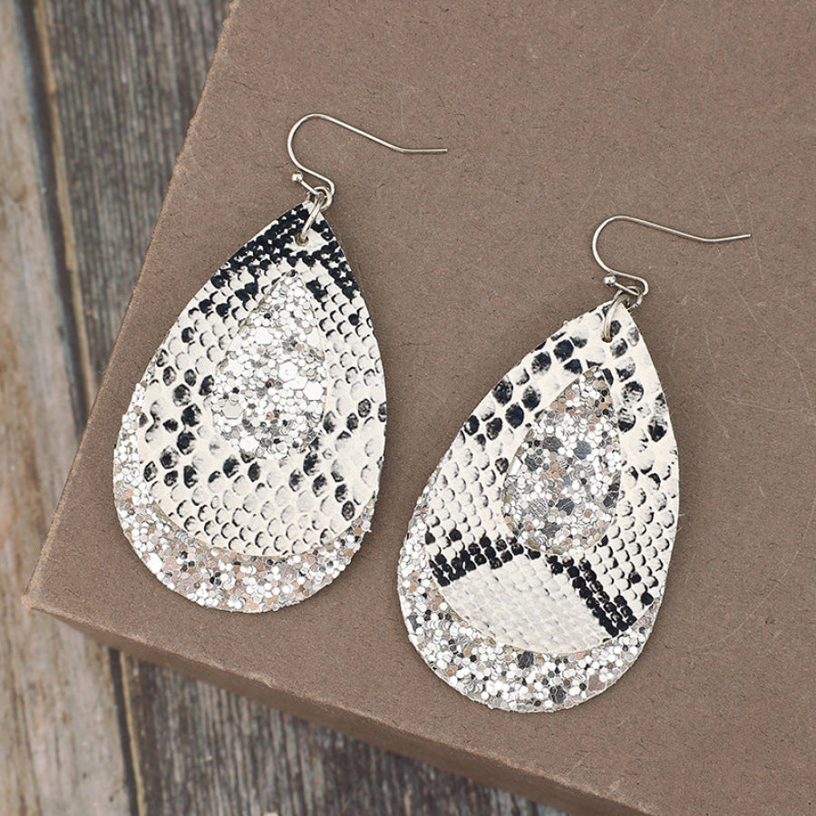 PU Leather Sequin Teardrop Earrings Silver / One Size Apparel and Accessories