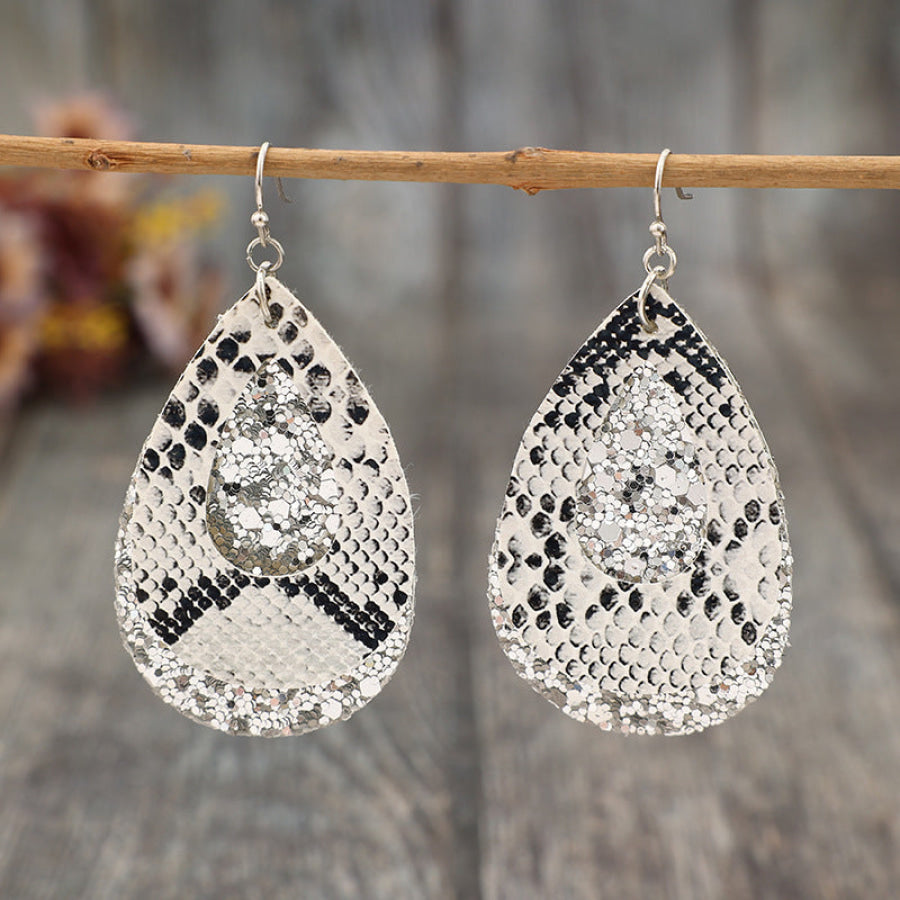 PU Leather Sequin Teardrop Earrings Silver / One Size Apparel and Accessories