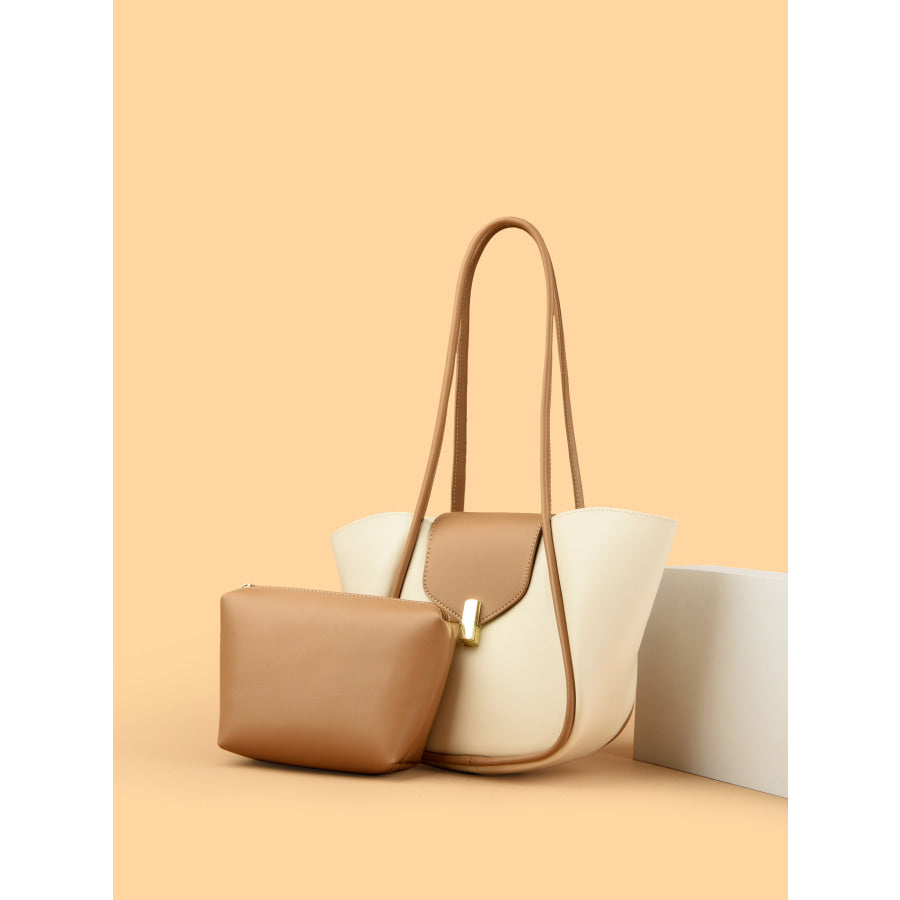 PU Leather Shoulder Bag with Pouch Cream / One Size Apparel and Accessories