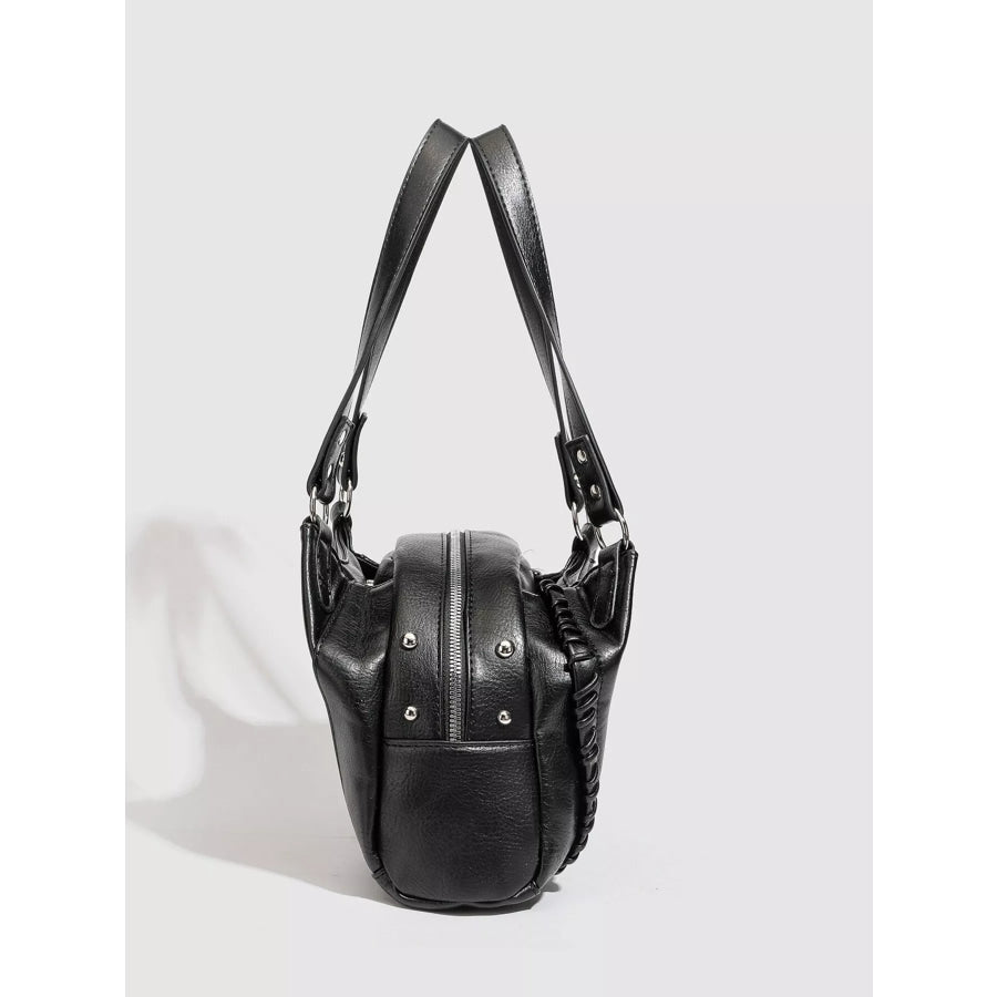 PU Leather Shoulder Bag with Woven Detail and Stud Accents Black / onesize Apparel Accessories
