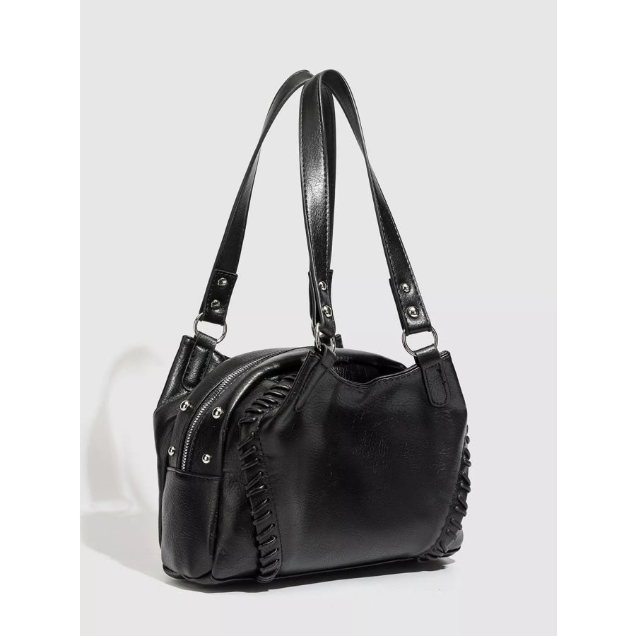 PU Leather Shoulder Bag with Woven Detail and Stud Accents Black / onesize Apparel Accessories
