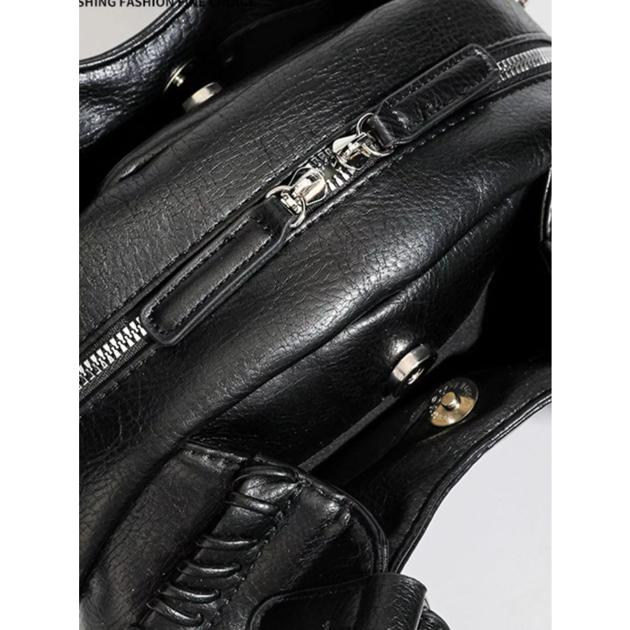 PU Leather Shoulder Bag with Woven Detail and Stud Accents Black / onesize Apparel Accessories