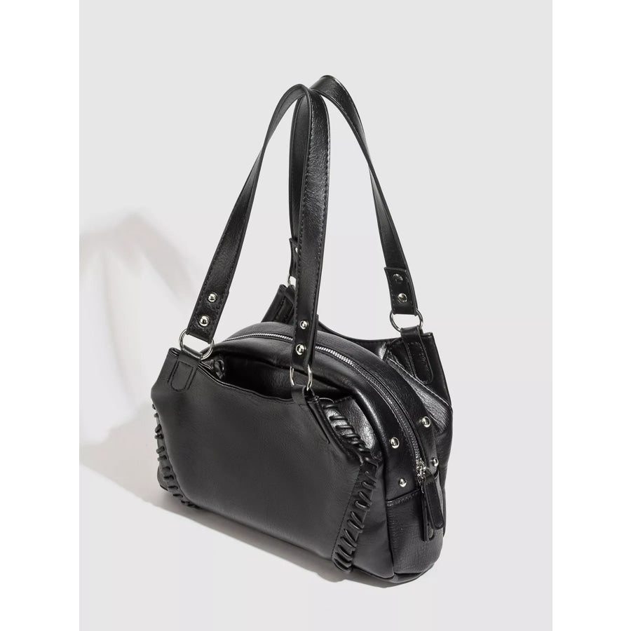 PU Leather Shoulder Bag with Woven Detail and Stud Accents Black / onesize Apparel Accessories