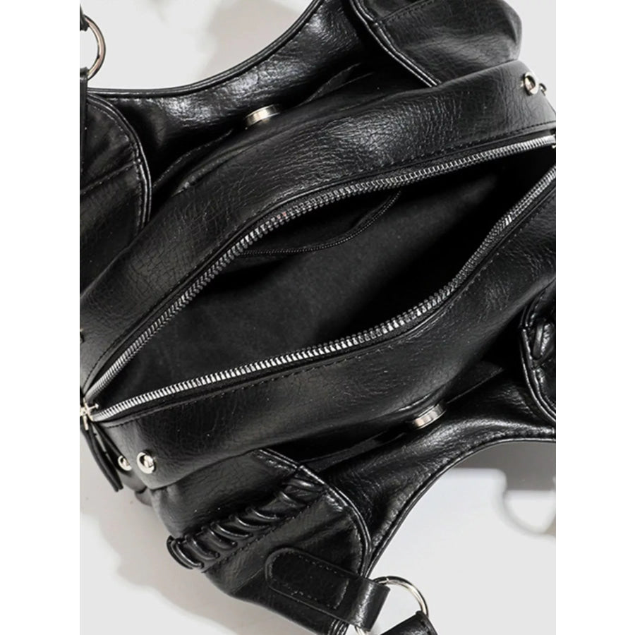 PU Leather Shoulder Bag with Woven Detail and Stud Accents Black / onesize Apparel Accessories
