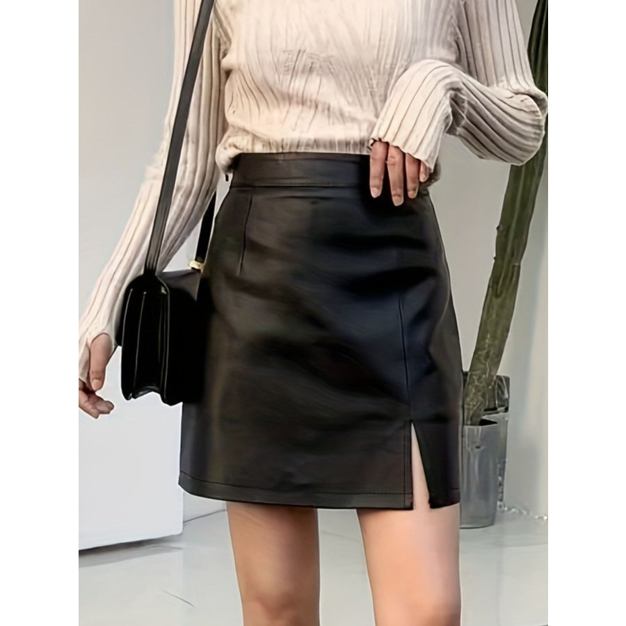 PU Leather Slit Mini Skirt Apparel and Accessories