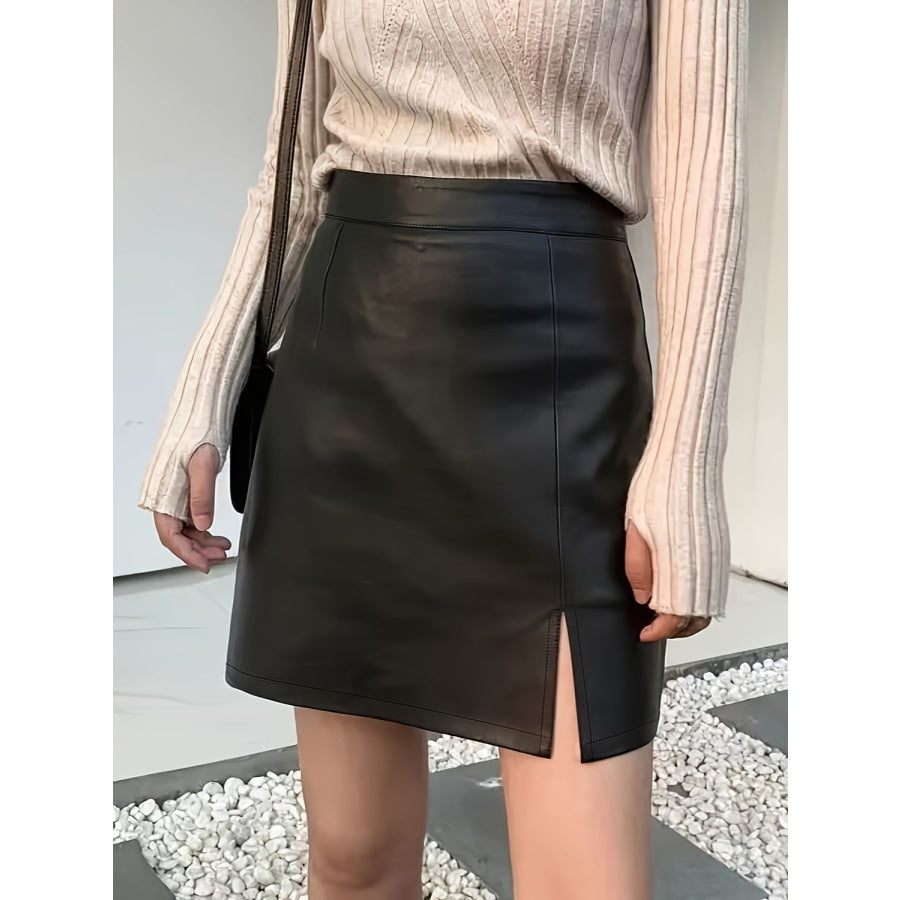 PU Leather Slit Mini Skirt Black / S Apparel and Accessories