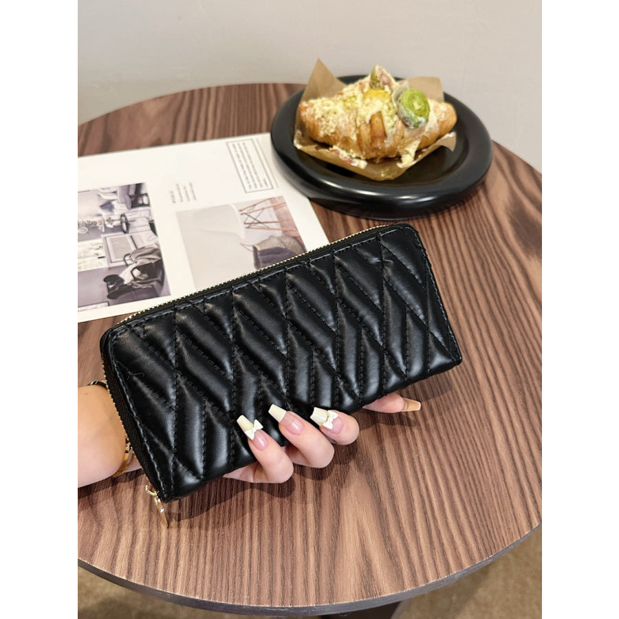 PU Leather Solid Color Wallet Black/Rhombus / One Size Apparel and Accessories