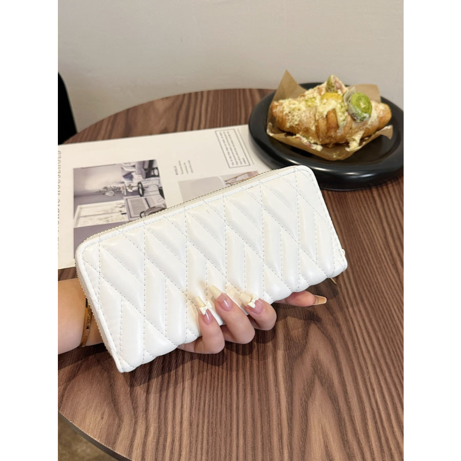 PU Leather Solid Color Wallet White/Rhombus / One Size Apparel and Accessories
