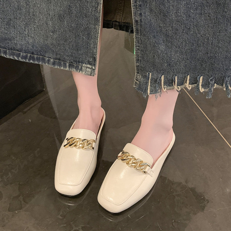 PU Leather Square Toe Flat Loafers Ivory / 35(US4) Apparel and Accessories