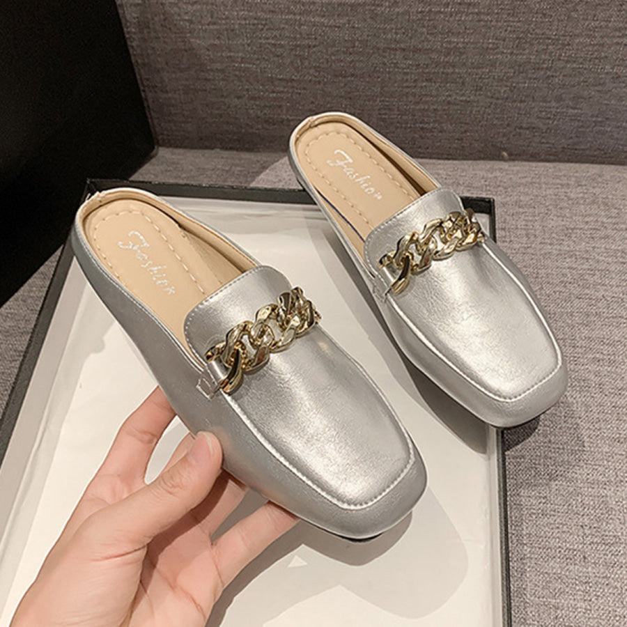 PU Leather Square Toe Flat Loafers Silver / 35(US4) Apparel and Accessories