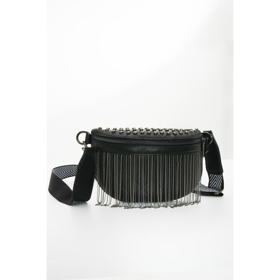 PU Leather Studded Sling Bag with Fringes Apparel and Accessories