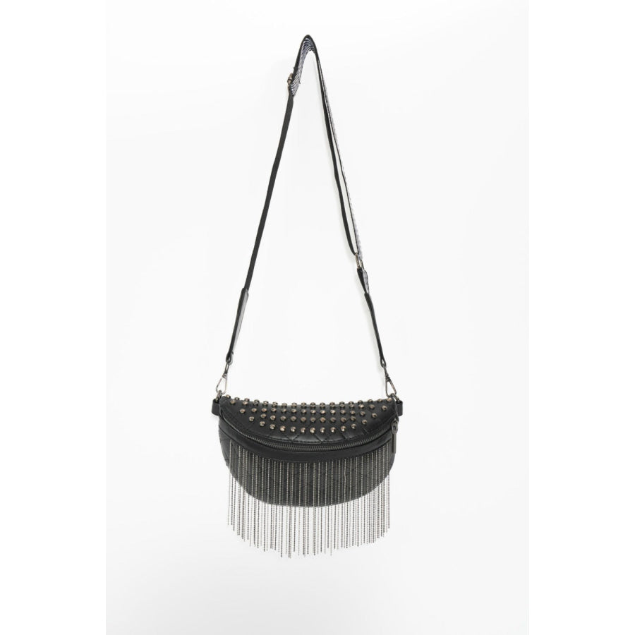 PU Leather Studded Sling Bag with Fringes Apparel and Accessories