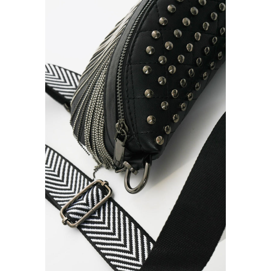 PU Leather Studded Sling Bag with Fringes Apparel and Accessories