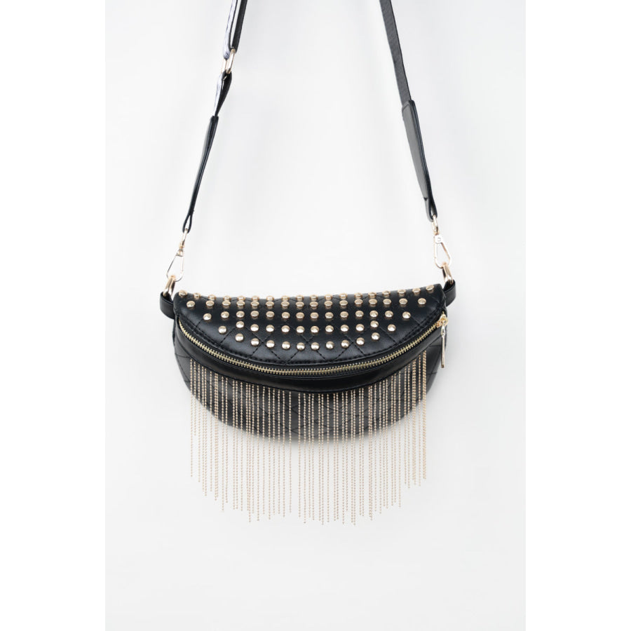 PU Leather Studded Sling Bag with Fringes Apparel and Accessories