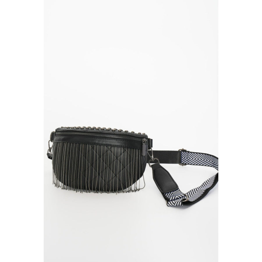 PU Leather Studded Sling Bag with Fringes Apparel and Accessories