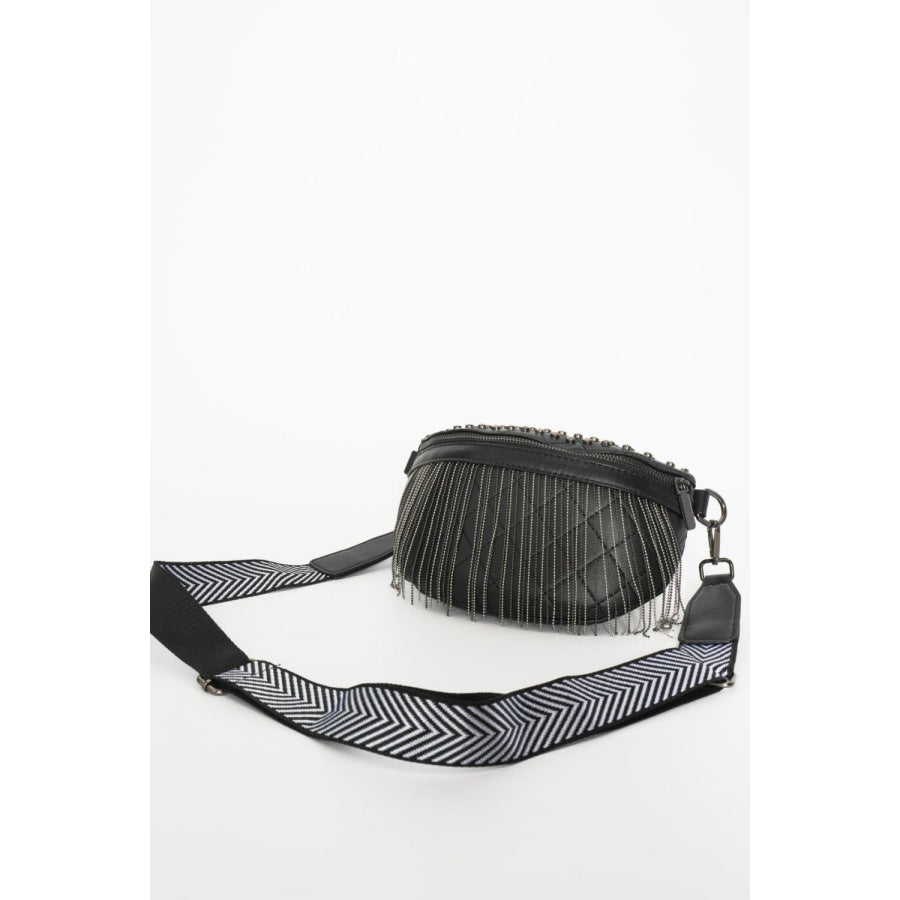 PU Leather Studded Sling Bag with Fringes Apparel and Accessories